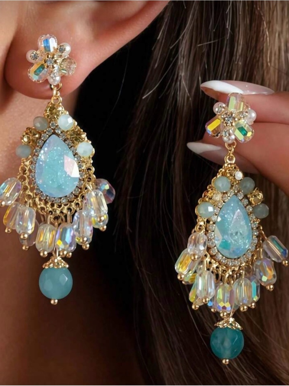 Gold-Tone Teardrop Chandelier Earrings with Aqua Stones